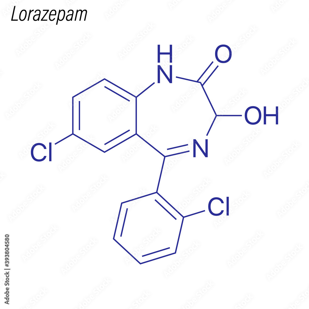 Obraz premium Vector Skeletal formula of Lorazepam. Drug chemical molecule.