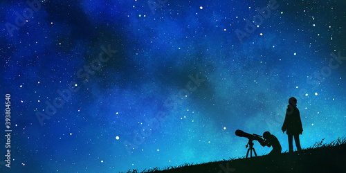 天体観測をする人々のイラスト　満天の星空　天の川　美しい背景装飾