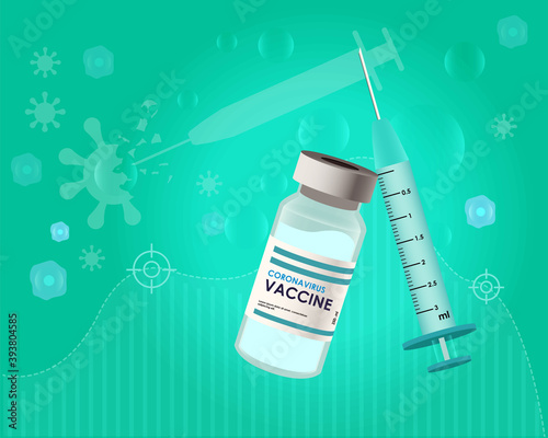 Bottle and Syringe On Green blue aqua Background