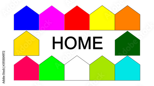 word home, surrounded by home symbols in schematic form in many colors.