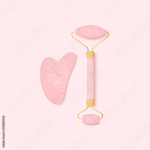 Gua Sha massage for skin. Rose quartz stones and rollers for facial massage. Acupuncture anti-aging traditional chinese medicine self care method. Home beauty routine. Vector flat illustration.