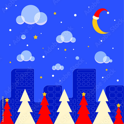 christmas night landscape with moon in a cap