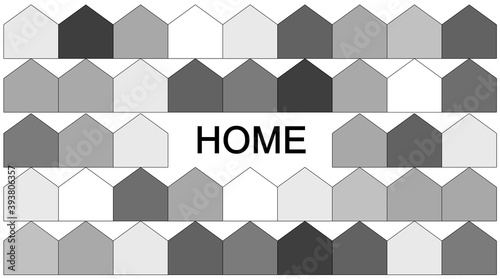 the word home, surrounded by the home icon, in a schematic graphic form in white black and gray colors.