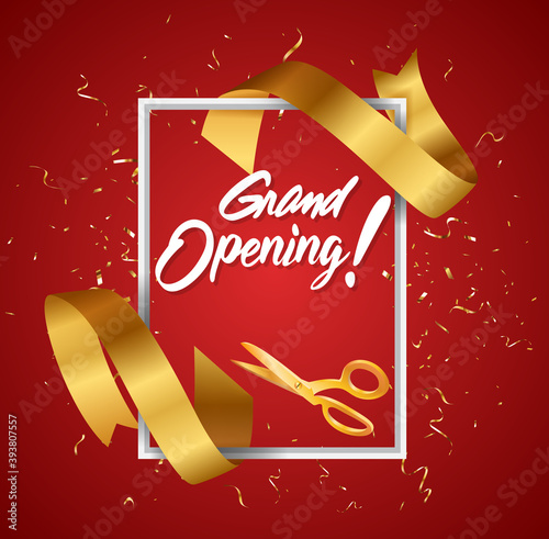 Grand opening ceremony with red balloon, gold and confetti