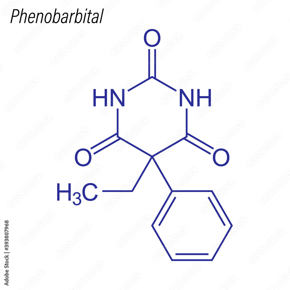 Vector Skeletal formula of Phenobarbital. Drug chemical molecule. Vector Skeletal formula of Phenobarbital. Drug chemical molecule.