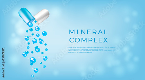 Mineral complex. Pharmaceutical banner template. Capsule with falling out minerals balls. 