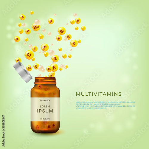 Vitamin complex. Multivitamins poster, flyer design template with copy space.   Vitamin balls into the bottle package. Explosion of vitamins. 
