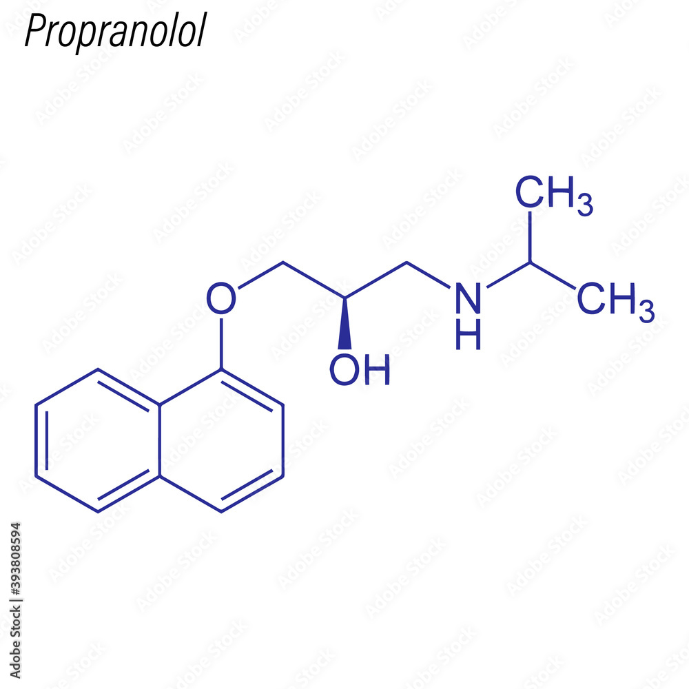 Vector Skeletal formula of Propranolol. Drug chemical molecule. Vector Skeletal formula of Propranolol. Drug chemical molecule.