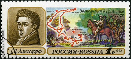 RUSSIA - 1992: shows Georg Heinrich Freiherr von Langsdorff  (1774-1852), Geographic discoveries, 1992 photo