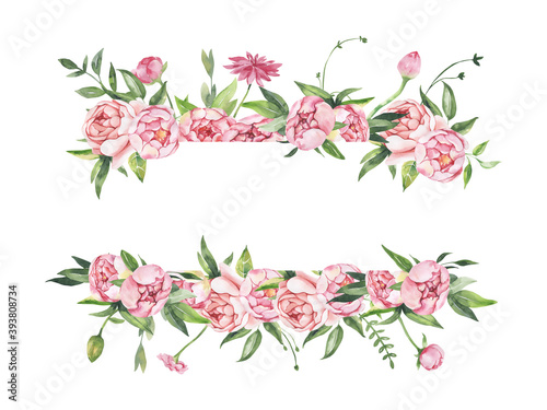 Watercolor floral illustration - leaves and branches frame with flowers and leaves for wedding stationary, greetings, wallpapers, background. Roses, green leaves. High quality illustration