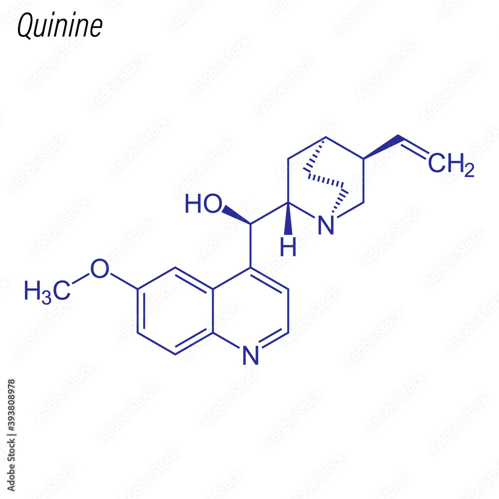 Vector Skeletal formula of Quinine. Drug chemical molecule. Vector Skeletal formula of Quinine. Drug chemical molecule.