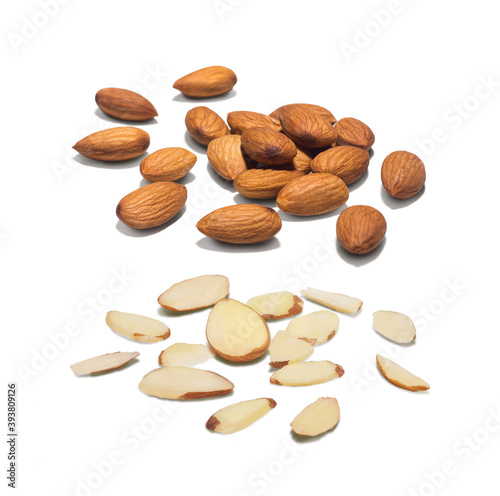 group or set organic fresh full and cut almond isolated on white background with clipping path