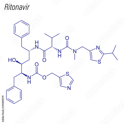 Vector Skeletal formula of Ritonavir. Drug chemical molecule.
