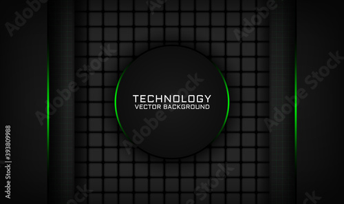 Abstract 3D black techno background overlap layers on dark space with green light effect decoration. Modern graphic design template elements for poster, flyer, card, cover, brochure, or landing page