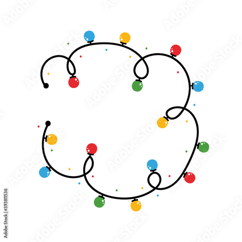 Vector cartoon round frame of tangled wire with colorful christmas lights and dots.