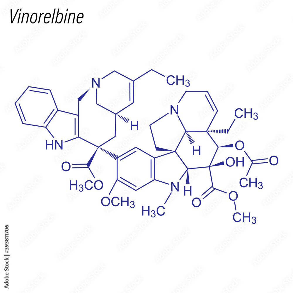 Vector Skeletal formula of Vinorelbine. Drug chemical molecule. Vector Skeletal formula of Vinorelbine. Drug chemical molecule.
