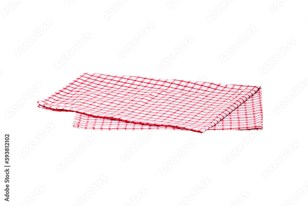 Closeup of a red and white checkered kitchen cloth or napkin isolated on white background. Kitchen accessories. Macro photgraph. Closeup of a red and white checkered kitchen cloth or napkin isolated on white background. Kitchen accessories. Macro photgraph.