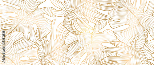 Luxury Gold nature background vector. Floral pattern, Golden split-leaf Philodendron plant with monstera plant line arts, Vector illustration.