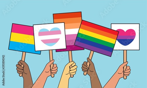 Hands holding signs, banners and placards with LGBTQ+ symbols