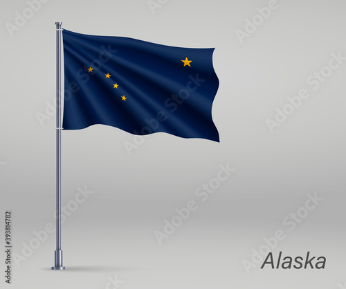 Waving flag of Alaska - state of United States on flagpole. Template for independence day poster design