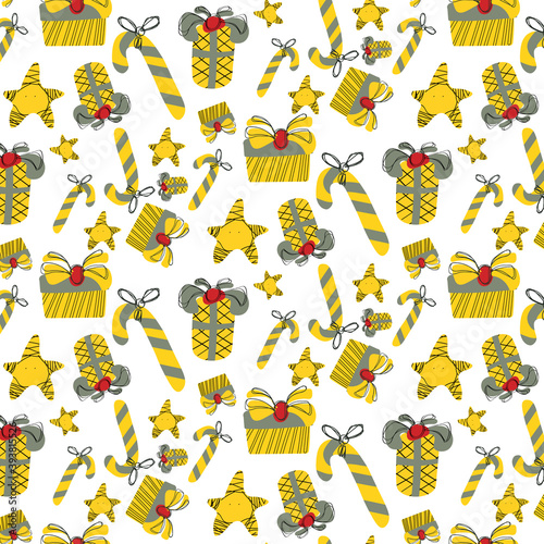 Christmas vector illustration  seamless pattern. New Year Eve. Stars  presents and candies. Under constraction colors.
