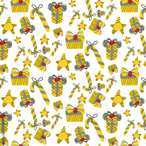 Christmas vector illustration, seamless pattern. New Year Eve. Stars, presents and candies. Under constraction colors.