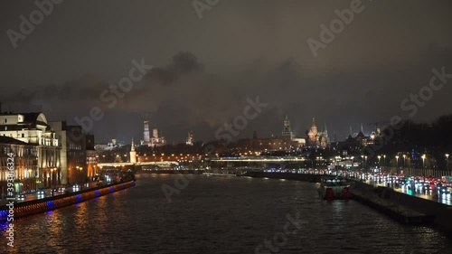 Moscow cityscape in night. Kremlin wall, Towers, Residence of President of the Russian Federation, Ivan the Great Bell Tower, Dormition Cathedral, Moskvoretskiy bridge in night