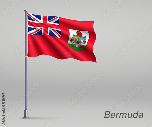Waving flag of Bermuda - territory of United Kingdom on flagpole. Template for independence day poster design