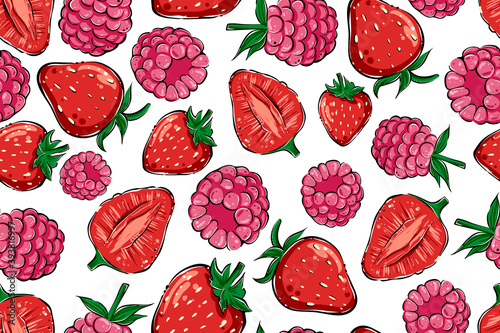 Strawberry and raspberry seamless pattern, color, vector