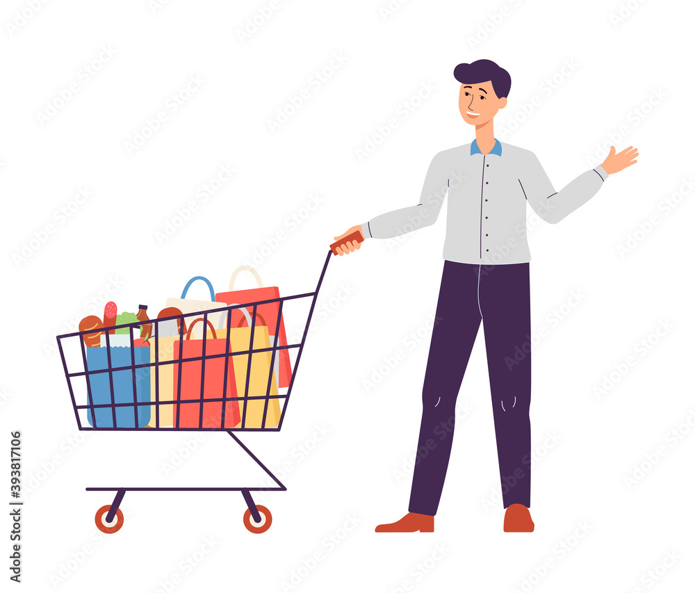 Man standing full length with shopping cart flat vector illustration isolated. Man standing full length with shopping cart flat vector illustration isolated.
