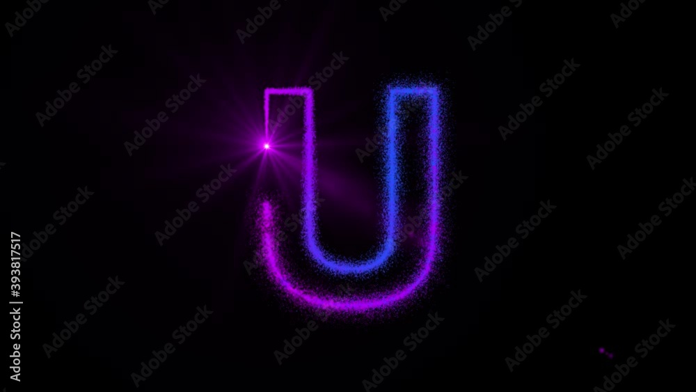 U - Glowing point of light shapes the outline of the letter U and dissolves it into particles of colored dust U - Glowing point of light shapes the outline of the letter U and dissolves it into particles of colored dust