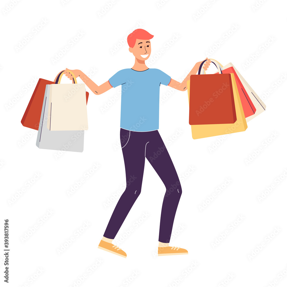 Man happy shopper with bags and packages with purchases a vector illustration Man happy shopper with bags and packages with purchases a vector illustration