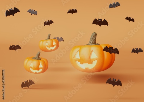 3D Render, Cute Jack o lantern pumpkin Happy halloween trick or treat. On orange background with 