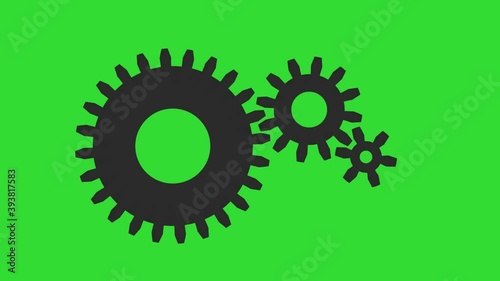 animation of three interconnected gears rotating back and forth - green background