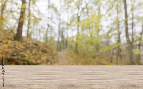 Wooden Table Top with forest background. Countryside theme mockup for product display.