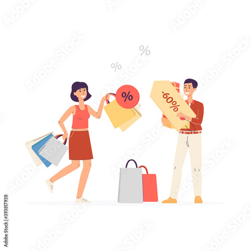 Happy shoppers with lot of bags and discount sale a vector isolated illustration