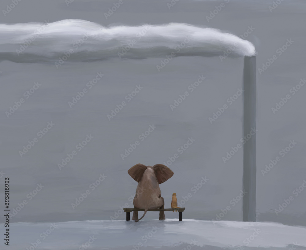 Fototapeta Elephant and Dog in winter landscape