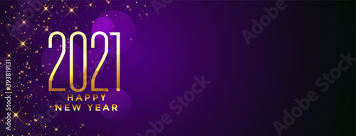 Golden happy new year 2021 on purple bokeh background