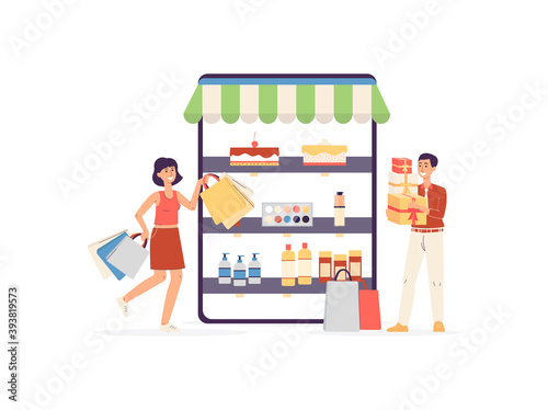 Couple of happy shoppers with bags and gifts a flat vector illustration