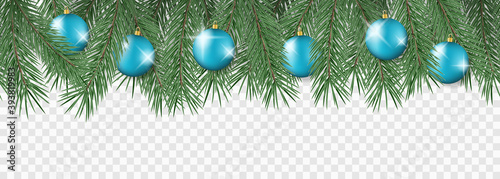 Fir branches and christmas balls on transparent background. Decorative christmas pattern or frame. Seamless vector illustration.