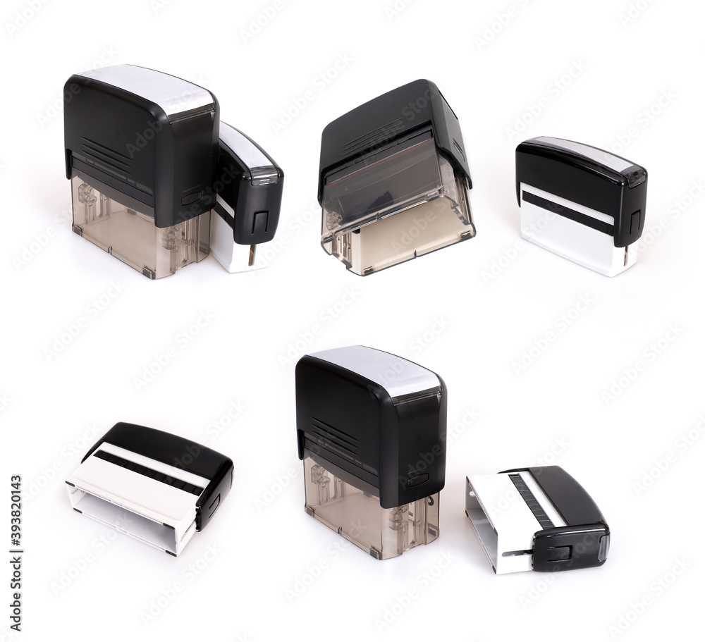 Black plastic automatic stamp for documents isolated on white background Black plastic automatic stamp for documents isolated on white background