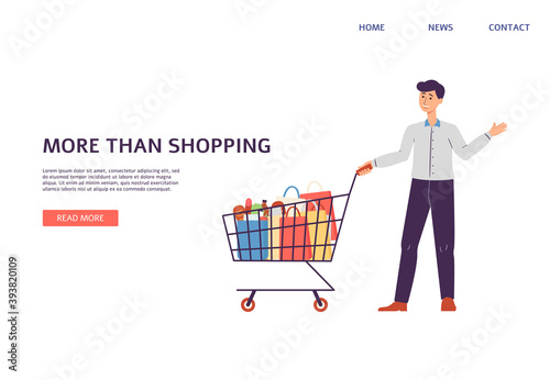 Web banner for store with man pushing shop cart flat vector illustration.