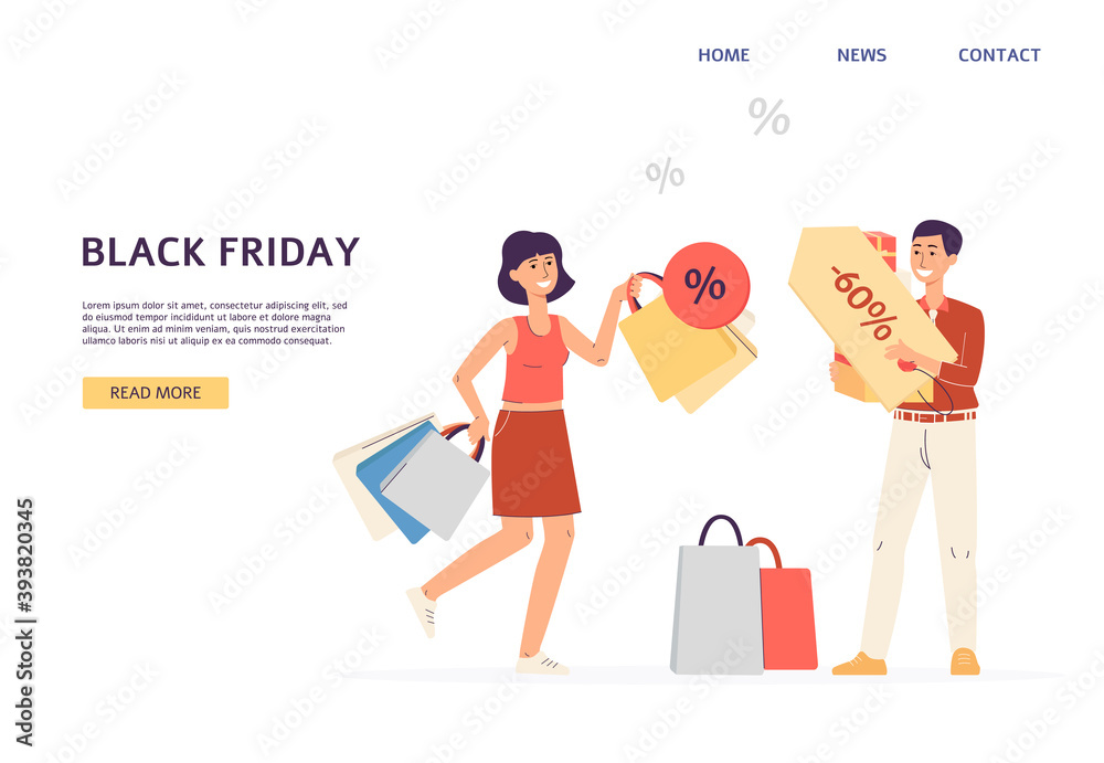 Φωτογραφία Black friday website with people shopping on sale, flat vector illustration