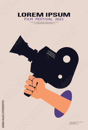 Film poster design template for cinema festival. Hand videooperator holds vintage movie camera. Cinema background. Retro movie design for brochure, banner, flyer, leaflet, poster. Movie time concept.