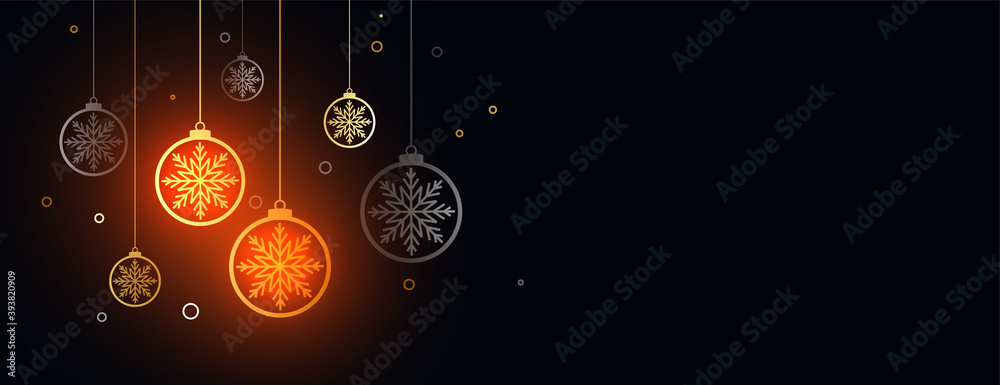 decorative merry christmas festival  banner with hanging baubles - obrazy, fototapety, plakaty 