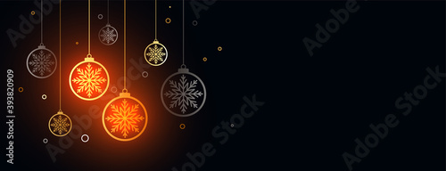 decorative merry christmas festival  banner with hanging baubles