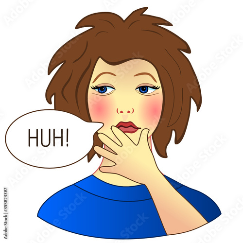 Emoticon with a woman puzzled and unhappy look and thinks Hoh, color clip art on white isolated background