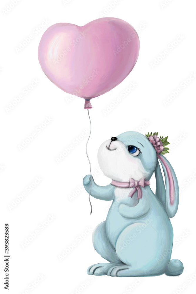 cute rabbit girl with heart baloon, valentine's card