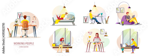 Set of working people scenes. Vector illustrations for Work at home, Freelance, Home office, Remote job, Online education, E-learning, Workplace.