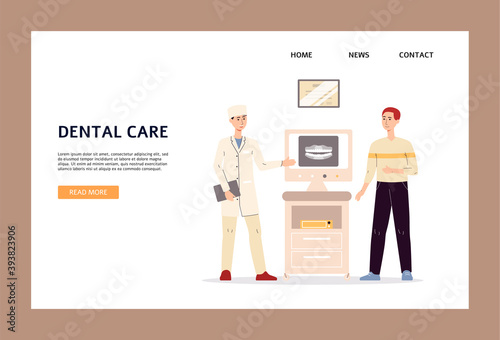 Dental care website with dentist explains treatment, flat vector illustration.